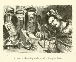 Rabelais ontleedt de samenleving en schrijft zijn boek door Gustave after Dore